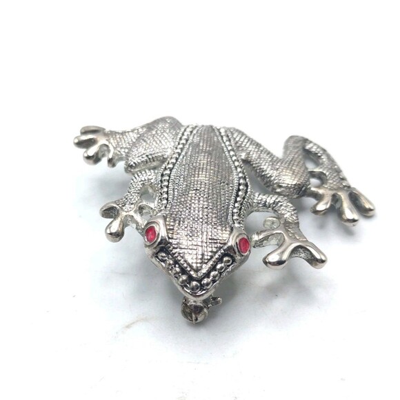 Vintage Ornate Silver Tone Frog Brooch Pin Red Eye Statement 2.75" 23g Cute Gift - Picture 4 of 9